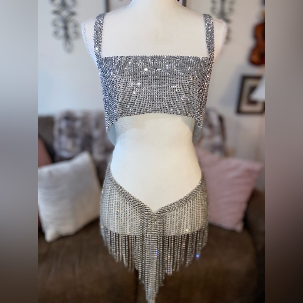 Vintage Rhinestone Fringe Festival Belt Mesh Top Sparkle Costume Belly Dance